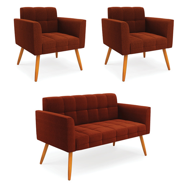 Namoradeira E 2 Poltronas Pé Palito Castanho Elisa Bouclê D03