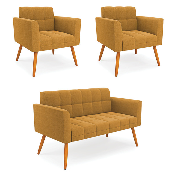 Namoradeira E 2 Poltronas Pé Palito Castanho Elisa Bouclê Mos