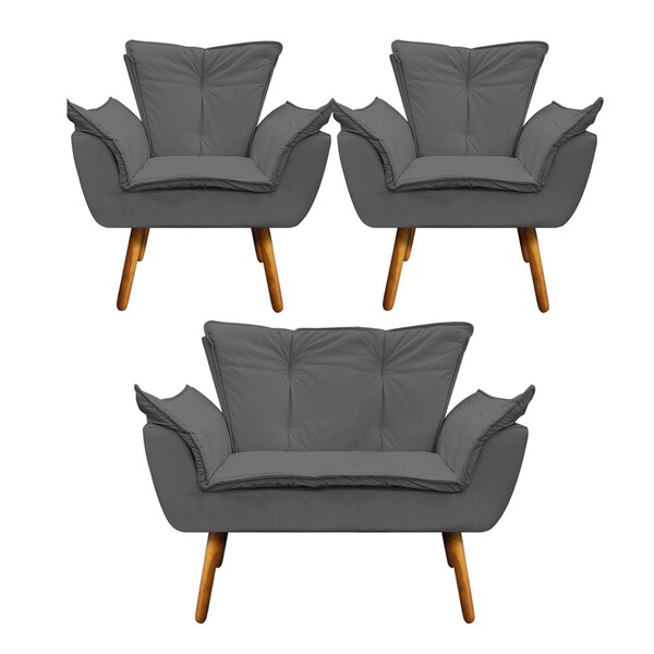 Namoradeira E 2 Poltronas Pé Palito Castanho Opala Corino - G