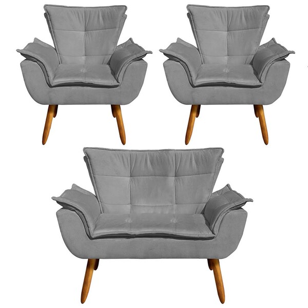 Namoradeira E 2 Poltronas Pé Palito Castanho Opala Suede D03