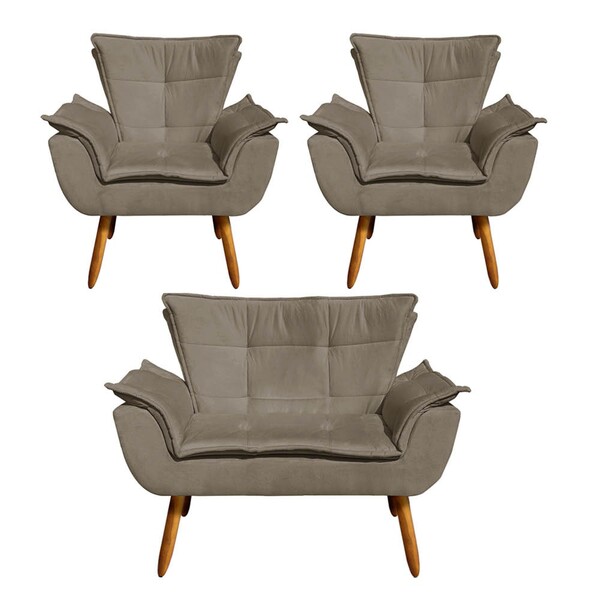 Namoradeira E 2 Poltronas Pé Palito Castanho Opala Suede D03