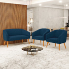 Namoradeira E 2 Poltronas Pé Palito Castanho Stella Bouclê Az