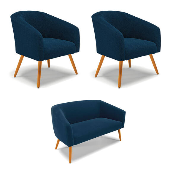 Namoradeira E 2 Poltronas Pé Palito Castanho Stella Bouclê Az