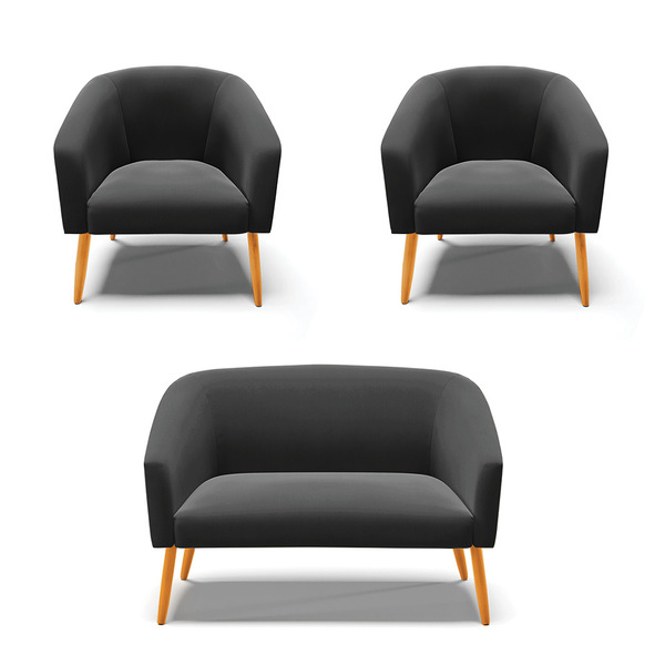 Namoradeira E 2 Poltronas Pé Palito Castanho Stella Suede Pre