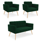 Namoradeira E 2 Poltronas Pé Palito Natural Elisa Bouclê Verd