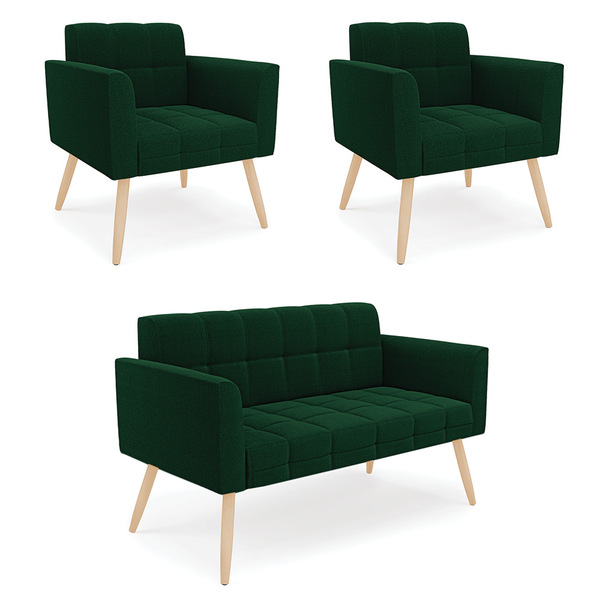 Namoradeira E 2 Poltronas Pé Palito Natural Elisa Bouclê Verd