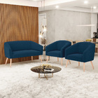 Namoradeira E 2 Poltronas Pé Palito Natural Stella Bouclê Azu