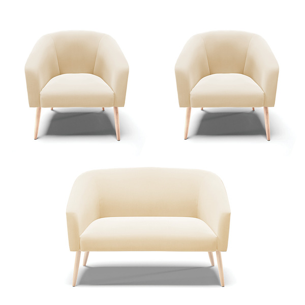 Namoradeira E 2 Poltronas Pé Palito Natural Stella Suede Bege