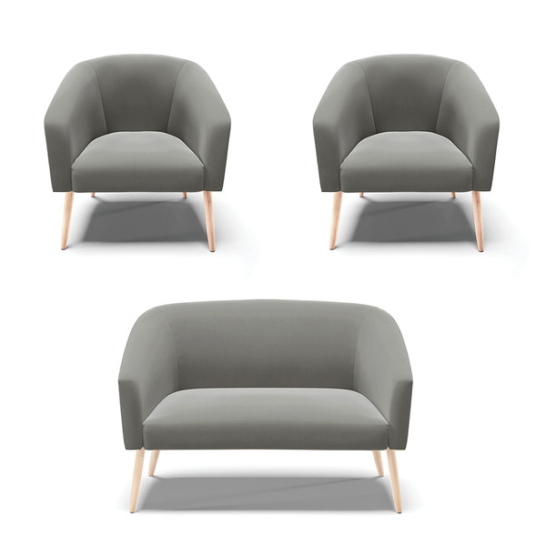 Namoradeira E 2 Poltronas Pé Palito Natural Stella Suede D03