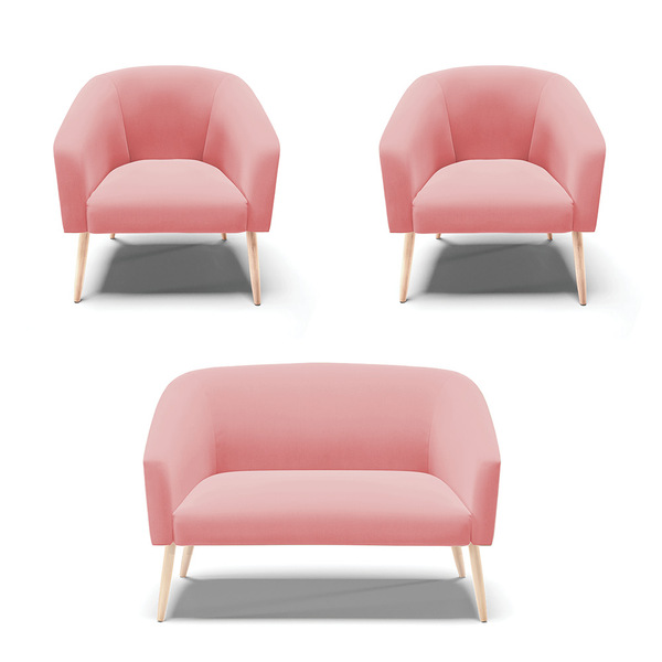 Namoradeira E 2 Poltronas Pé Palito Natural Stella Suede D03