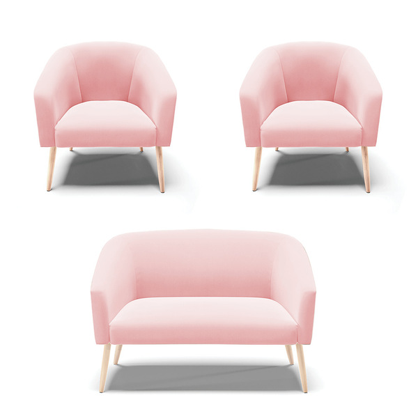 Namoradeira E 2 Poltronas Pé Palito Natural Stella Suede D03