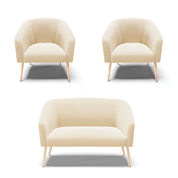 Namoradeira E 2 Poltronas Pé Palito Natural Stella Suede D03