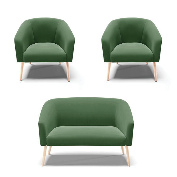 Namoradeira E 2 Poltronas Pé Palito Natural Stella Suede D03