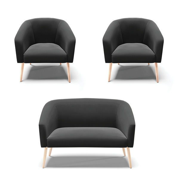 Namoradeira E 2 Poltronas Pé Palito Natural Stella Suede Pret