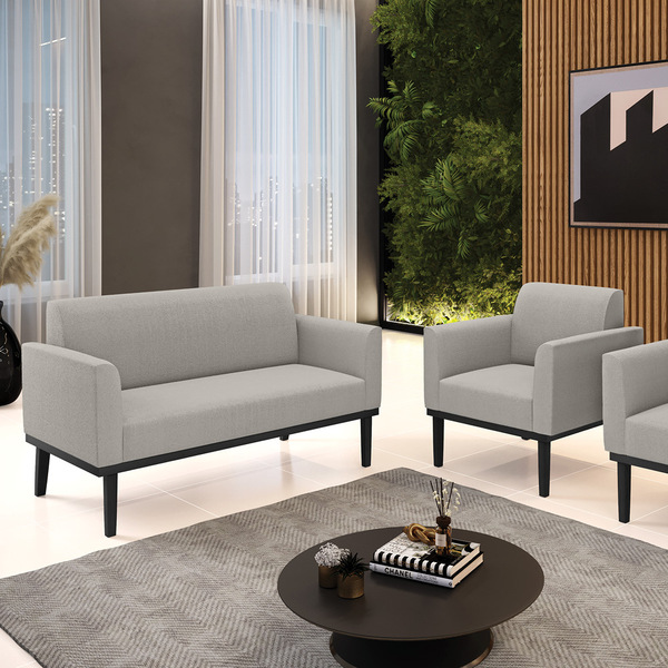 Namoradeira E Poltrona Base Madeira Preto Marisa Bouclê Cinza