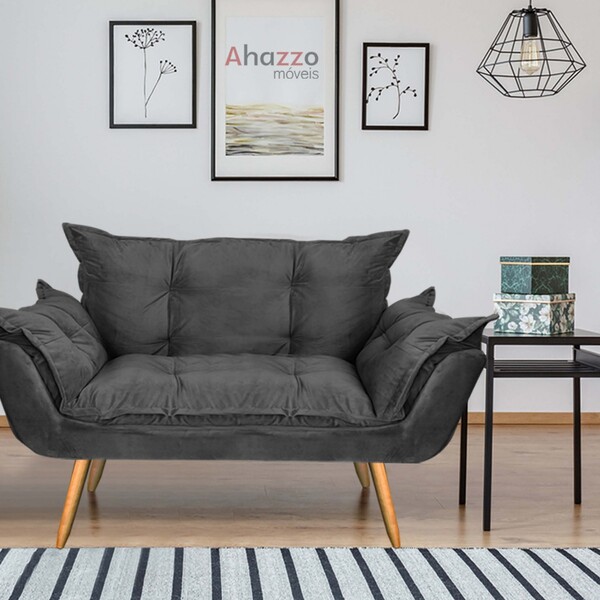 Namoradeira Sofá Opala Para Sala De Estar Recepção Suede Cinz
