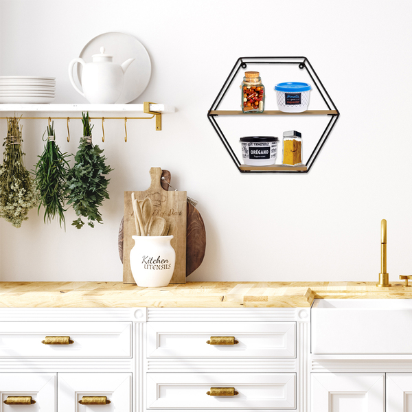 Nicho Prateleira Hexágono Armação De Metal Madeira Preto 40x1