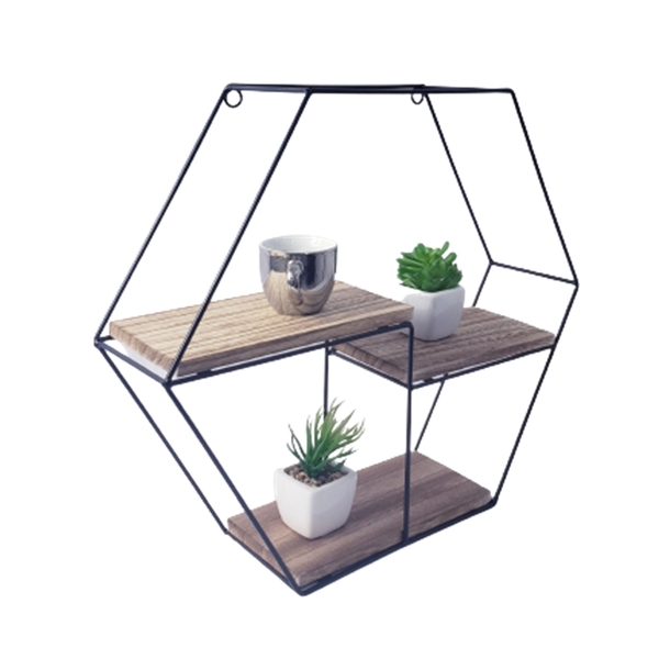 Nicho Prateleira Hexágono Metal Aramado Madeira Preta