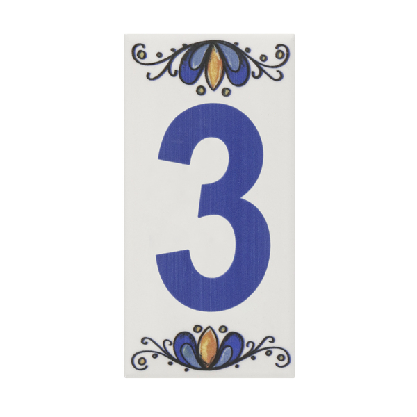 Número Casa "3" 15cm Assentado Cerâmica Azul e Branco