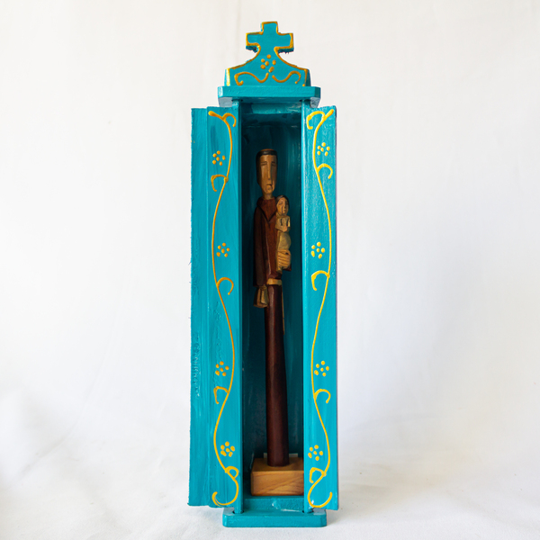 Oratório Em Madeira Turquesa Com Santo Antônio