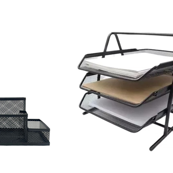 Organizador 3 Bandejas Documentos Escaninho + Porta Lápis