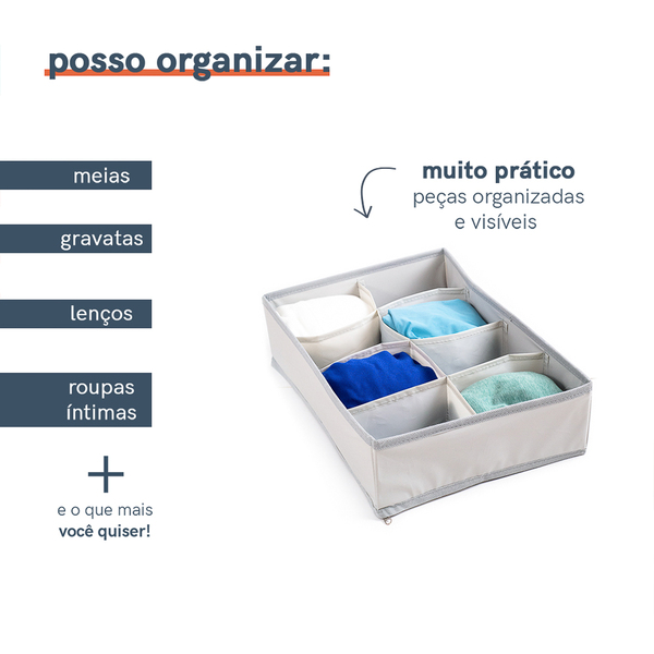 Organizador de Gaveta Dobrável Cinza 8 Divisórias 24x34x9cm Oikos