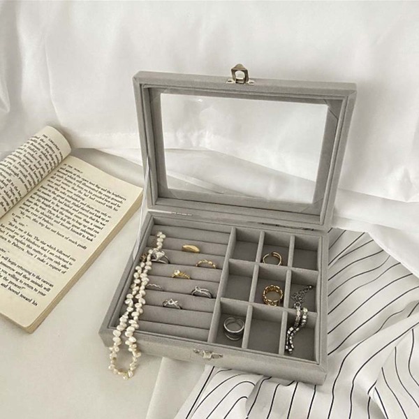 Organizador Porta Joias Veludo Com Visor Médio - Cinza