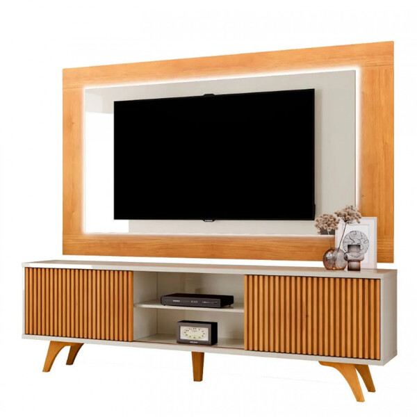 Painel Atenas Com Rack Siena C/led Pés Madeira Maciça Mavaular