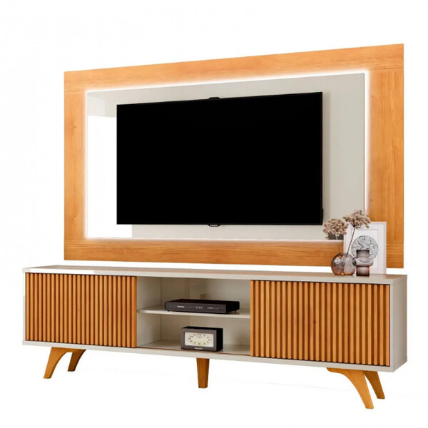 Painel Atenas Com Rack Valência C/led Pés Madeira Maciça Mava