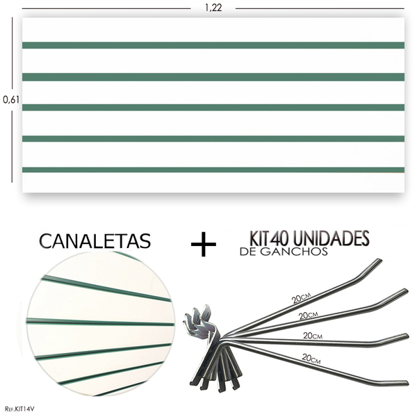 Painel Canaletado 1,22 X 0,61 + 40 Ganchos 20cm + Canaleta Ve