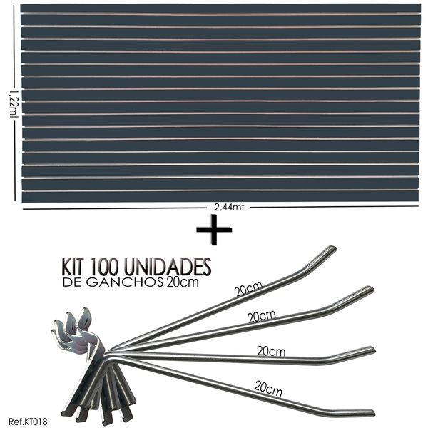 Painel Canaletado Preto - 2,44 X 1,22 + 100 Und Gancho 20cm