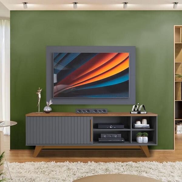 Painel Com Rack Com Porta De Correr 50 Polegadas Freijó Cinza