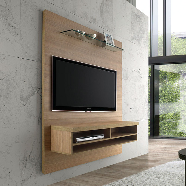 Painel De Tv De 180cm Com 1 Prateleira De Vidro E 3 Nichos -