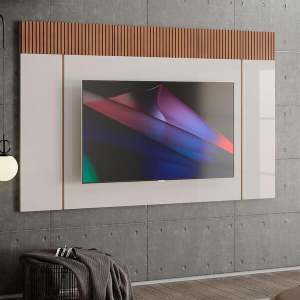 Painel De Tv Para Sala 70 Polegadas Off White E Marrom Ripado