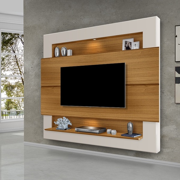 Painel De Tv Suspenso Led Carvalho / Offwhite Com Nicho Luxo