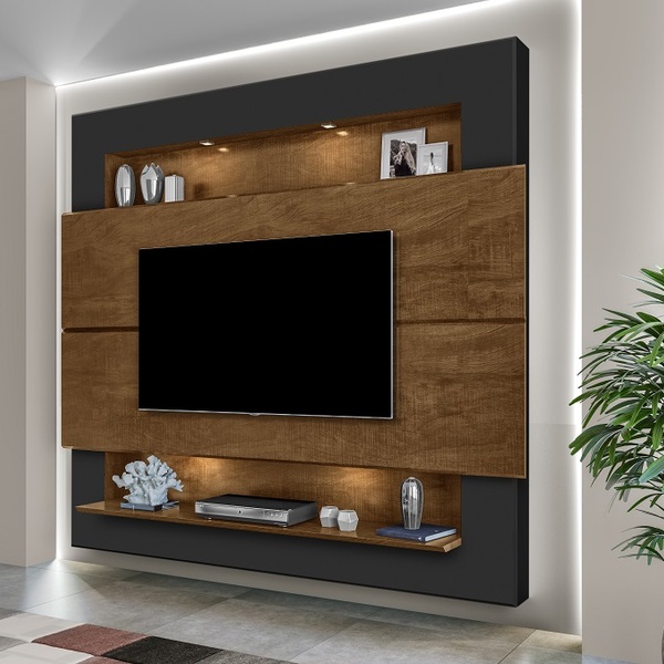 Painel De Tv Suspenso Led Preto / Malbec Com Nicho Luxo