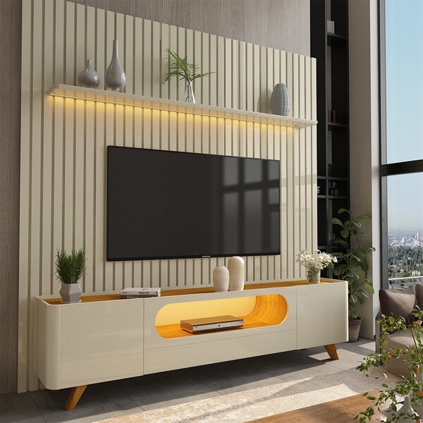 Painel E Rack Nobre Ripado Com Led Pés De Madeira 230 Off Whi