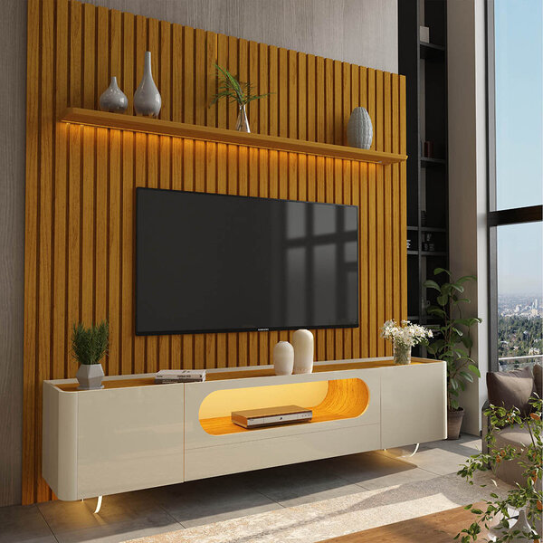 Painel E Rack Nobre Ripado Com Led Pés De Vidro 230 Naturale