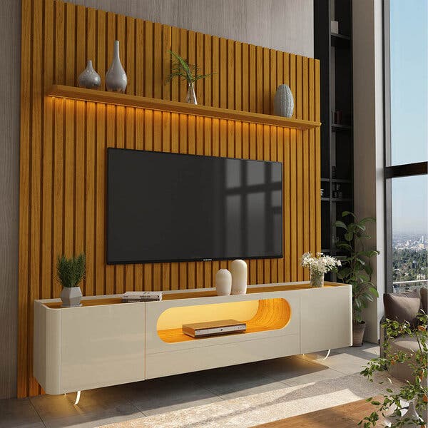 Painel E Rack Nobre Ripado Com Led Pés De Vidro 230 Naturale Off White ...