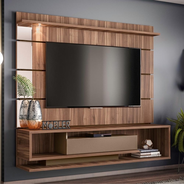 Painel E Rack Para Tv Dickinson Com Led Nogueira Cadiz Sépia