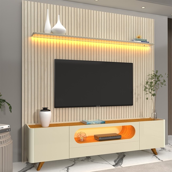 Painel E Rack Requinte 220 Impressão 3d Com Led Pés De Madeir