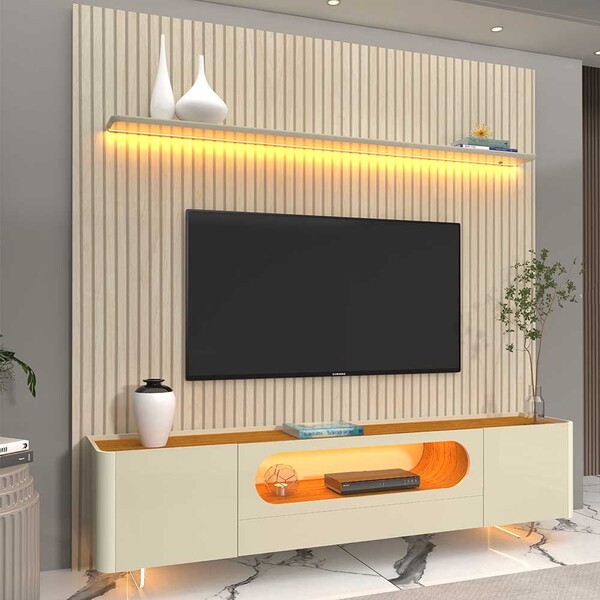 Painel E Rack Requinte 220 Impressão 3d Com Led Pés De Vidro