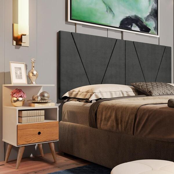 Painel Estofado E Mesa De Cabeceira Casal 140 Nobre Cinza