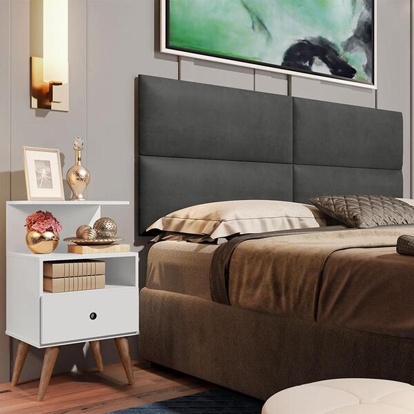Painel Estofado E Mesa De Cabeceira Casal 140 Seleta Cinza