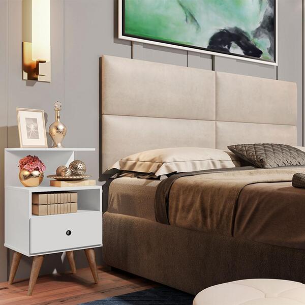 Painel Estofado E Mesa De Cabeceira King 195 Seleta Bege