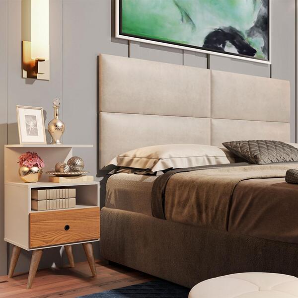 Painel Estofado E Mesa De Cabeceira Queen 160 Seleta Bege