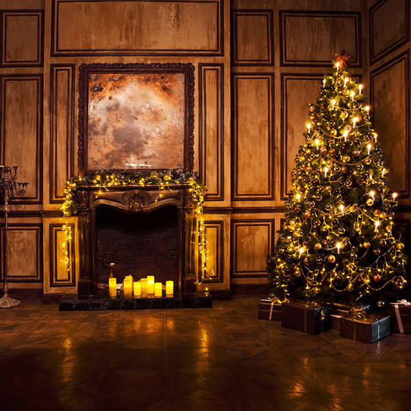 Painel Fotográfico Helanca Sala Com Lareira Natal 1.5x1.5mp17