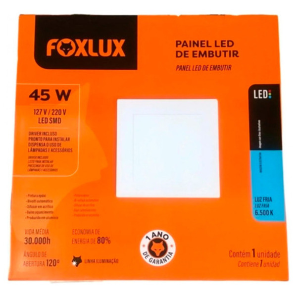 Painel Led Foxlux Quadrado Embutir 45w 4000k Branco