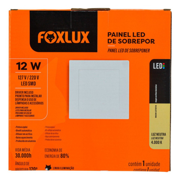 Painel Led Foxlux Quadrado Sobrepor 12w 4000k Branco