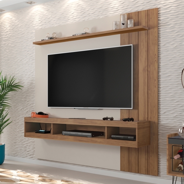 Painel Para Tv 1.8 Com Prateleira E Frisos Jay Off White E Bu